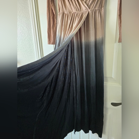 Anthropologie Fraiche by J Ombre Maxi Dress L Tan Black Plunge Boho Long Sleeve - Picture 6 of 14